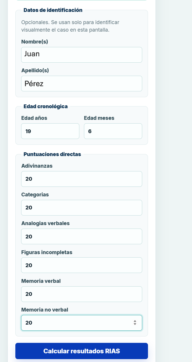 Captura de puntuaciones en la plataforma PreDx con datos ficticios
