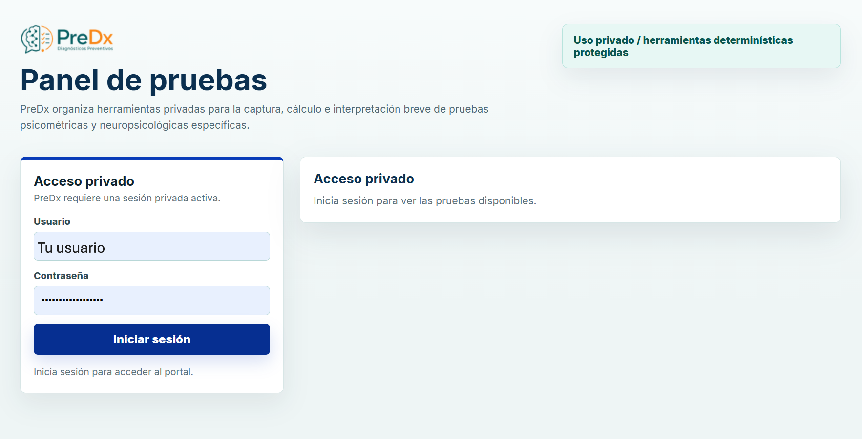 Vista real del portal principal de PreDx