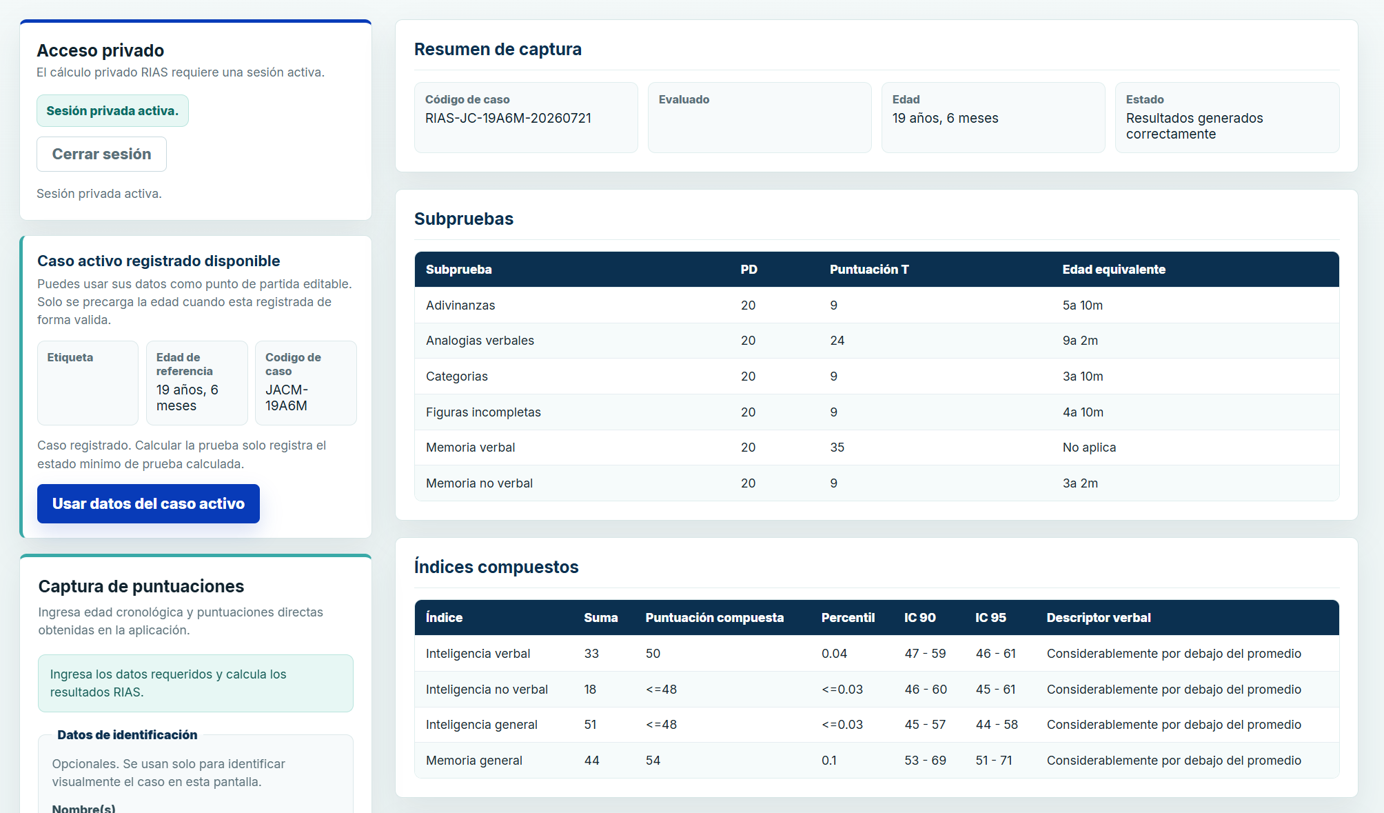 Resultados en la plataforma PreDx con datos ficticios